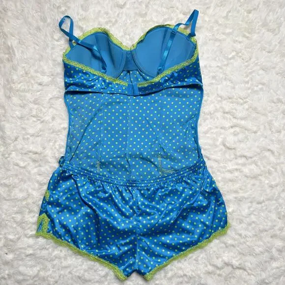 Victoria's Secret Sexy Little Things Y2K Blue Lime Polka Dot Satin  Romper 36B - Picture 3 of 8